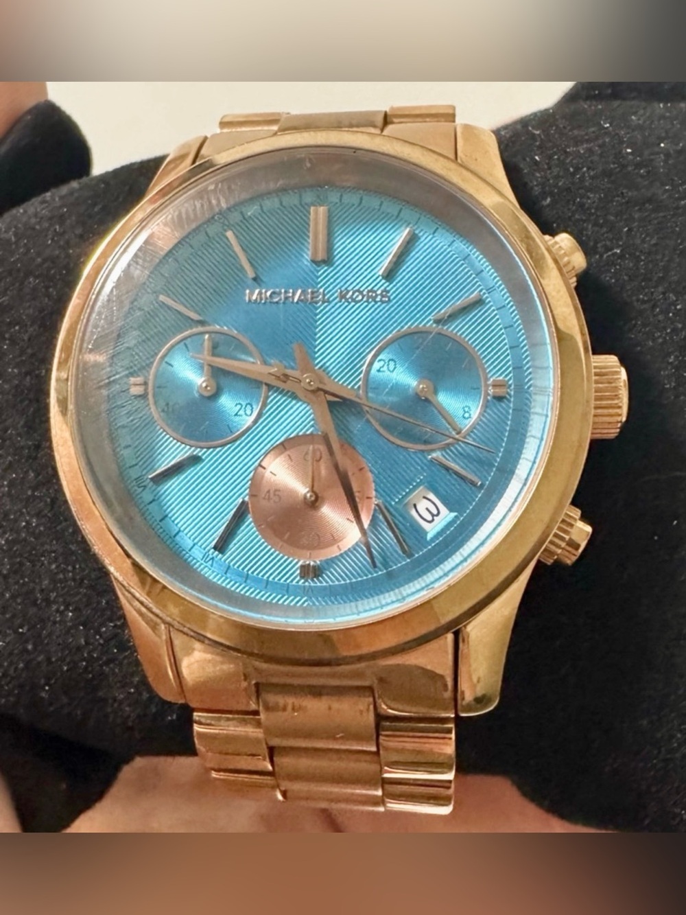 Michael Kors Runway Chronograph Watch Rose Gold Blue Dial Stainless Steel